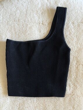 Quince Black Ribbed Asymmetric Crop Top
